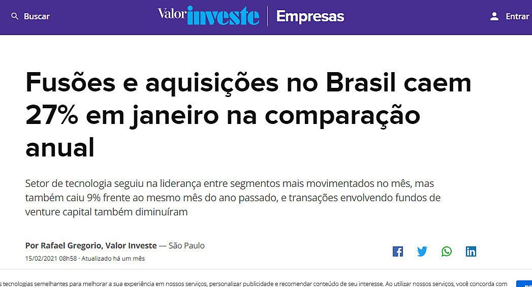 Fuses e aquisies no Brasil caem 27% em janeiro na comparao anual